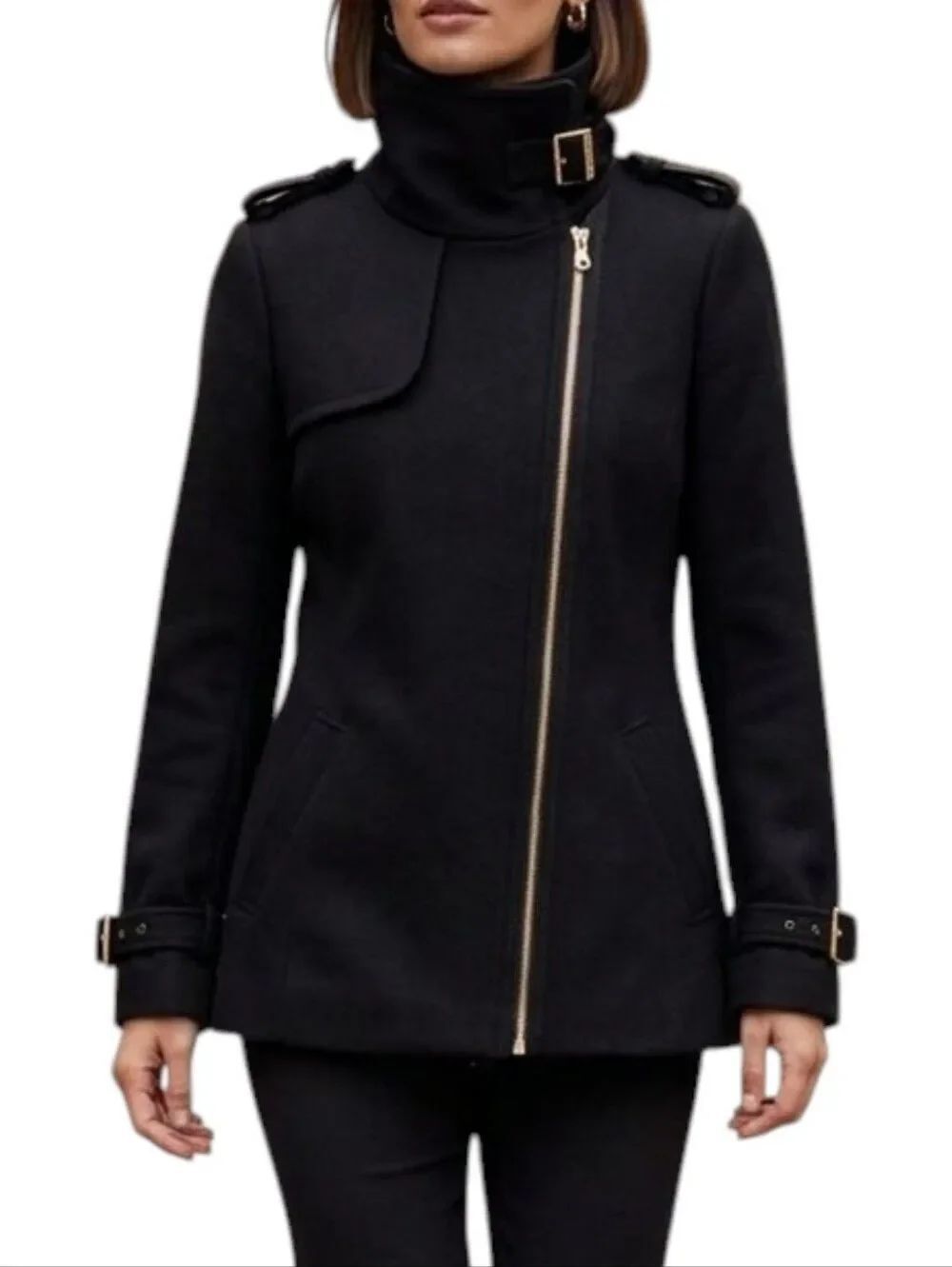 Ted Baker London Black Wool Asymmetric Moto Jacket Coat Size 0